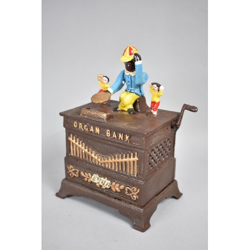 63 - A Reproduction Cold Painted Cast Iron Copy of a Street Organ Bank, Working Order, 13cms Wide, Plus V... 