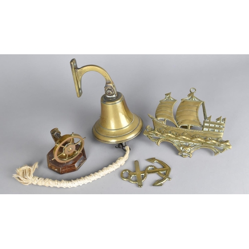 68 - A Collection of Brass Ornaments to include Wall Mounting Ships Type Bell, Ships Wheel Nut Cracker, G... 