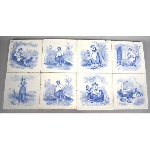 69 - A Set of Eight Mintons Blue and White Transfer Printed Tiles Depicting Figures in Rural Locations, O... 