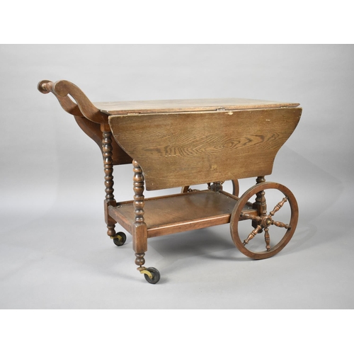 72 - A Mid 20th Century Oak Drop Leaf Trolley in the Form of a Hand Cart, Base Stretcher Shelf, 90cms Lon... 