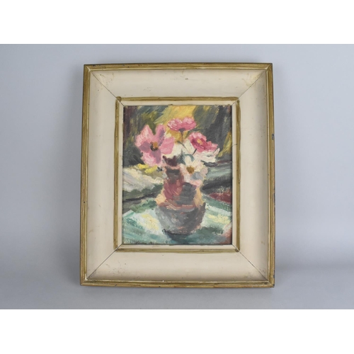 74 - A Mid 20th Century Oil on Board, Still Life, Vase of Flowers, 21x27cms, Paper Label Detailing Artist... 