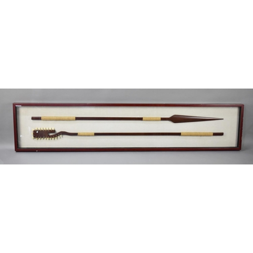 78 - A Souvenir Cased Reproduction of a Spear and Axe with Tooth Effect Blade, 208x43cms