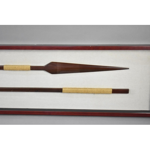 78 - A Souvenir Cased Reproduction of a Spear and Axe with Tooth Effect Blade, 208x43cms