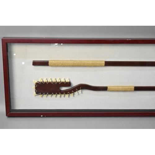 78 - A Souvenir Cased Reproduction of a Spear and Axe with Tooth Effect Blade, 208x43cms