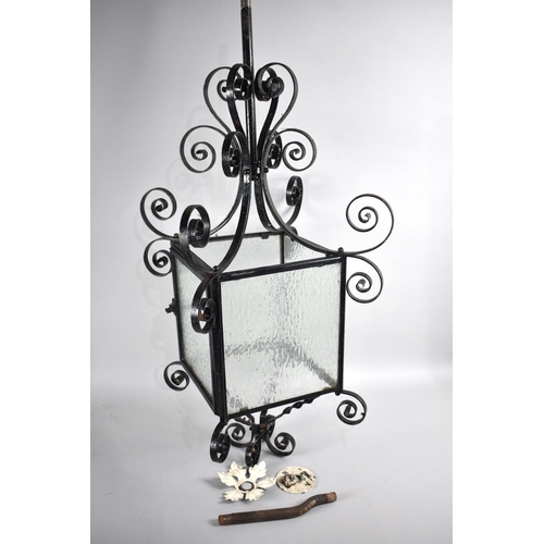 80 - A Mid/Late 20th Century Wrought Iron and Glass Ceiling Hanging Hall Lantern, 80cms High