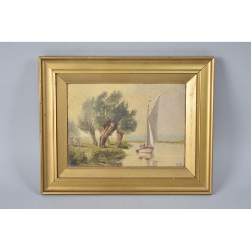 136 - An Early 20th Century Oil on Board, Lake Scene with Dinghy, Gilt Frame 26x21cms