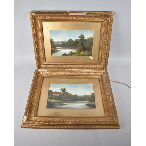 145 - A Pair of Gilt Framed Oils on Card, River Scene, Frames 52x42cms, Glazed, Condition Issues to Frames... 