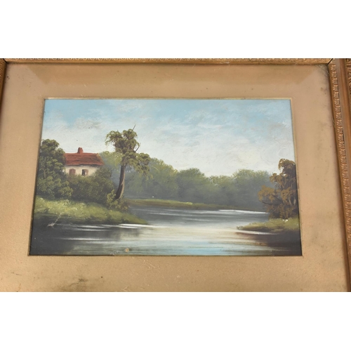 145 - A Pair of Gilt Framed Oils on Card, River Scene, Frames 52x42cms, Glazed, Condition Issues to Frames... 