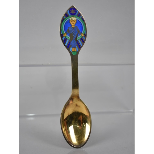 397 - A Michelsen: A Danish Enamel and Gilt Silver Spoon for Christmas 1984, 46gms, 16.5cms Long