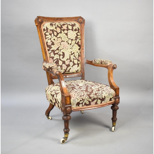 502 - A Late Victorian/Edwardian Ladies Armchair with Tapestry Upholstery on Turned Supports Culminating i... 