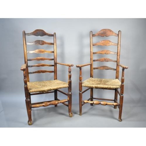 505 - A Pair of Rush Seated Ladder Back Armchairs