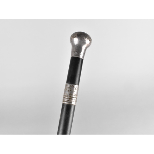 62 - A Mid 20th Century Ebonized Walking Stick with Silver Top and Mount with Presentation Inscription C.... 