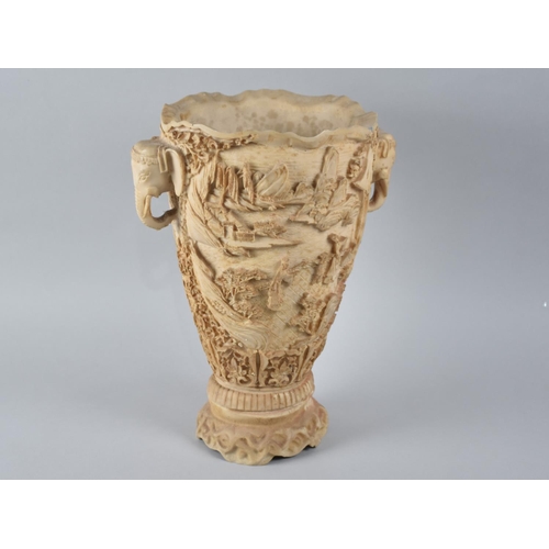 68 - A Chinese Style Faux Ivory Vase decorated in Relief with Figures in Exterior Setting having Twin Ele... 