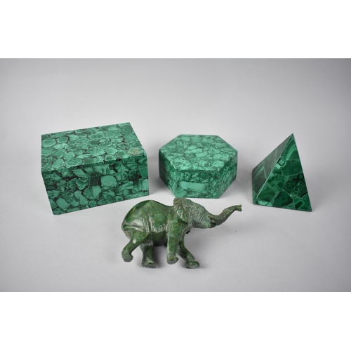 83 - A Rectangular Malachite Box, 12cms Wide, Together with a Further Hexagonal Example, a Malachite Pyra... 