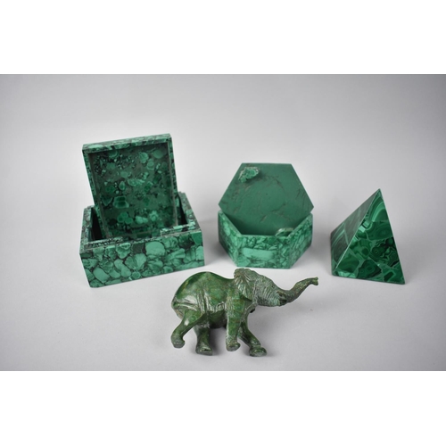 83 - A Rectangular Malachite Box, 12cms Wide, Together with a Further Hexagonal Example, a Malachite Pyra... 