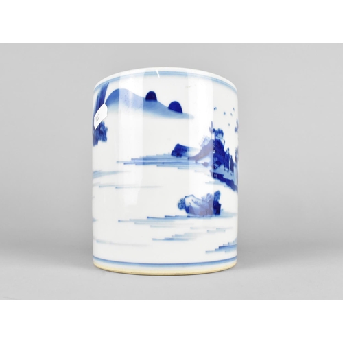 86 - A Chinese Blue and White Brush Pot Decorated with Figures in Exterior Setting, Base with Double Conc... 