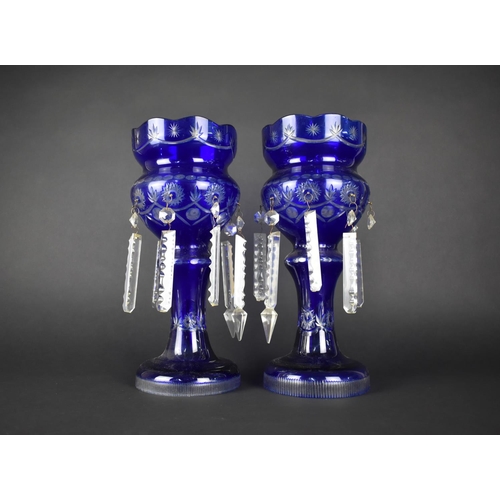 67 - A Pair of Blue Overlaid Glass Lustres, with Droppers, 36cms High, Some Lustres with Condition Issues