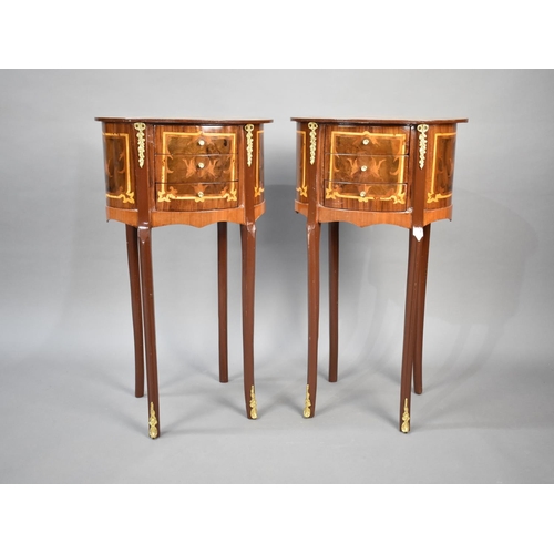 134 - A Pair of Reproduction French Style Ormolu Mounted Inlaid Three Drawer Oval Side Cabinets on Chamfer... 