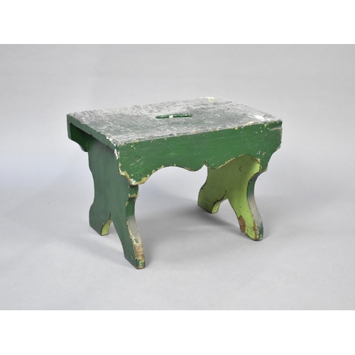 160 - A Vintage Rustic Green Painted Rectangular Wooden Stool, 79cms Wide