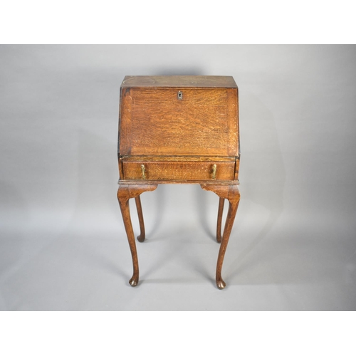 163 - A Mid 20th Century Oak Fall Front Bureau with Single Long Drawer and Cabriole Supports, 52cms Wide