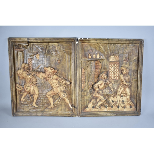 180 - A Pair of French Plaster Relief Wall Hangings Depicting Card Game and Sword Fight, 44x52cms, Conditi... 