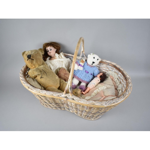 230 - A Wicker Basket Containing Vintage Plush Teddy Bear, Porcelain Head French Doll Etc, Condition issue... 