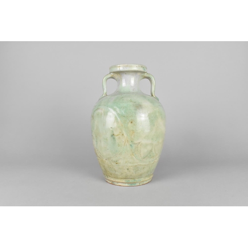 257 - A Chinese Ming/Qing Dynasty Jun Ware Glazed Twin Handled Vase Body Decorated in Shallow Relief Lotus... 