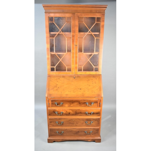 515 - A Late 20th Century Yew Wood Bureau Bookcase with Fall Front to Fitted Interior, Fitted Base Drawers... 