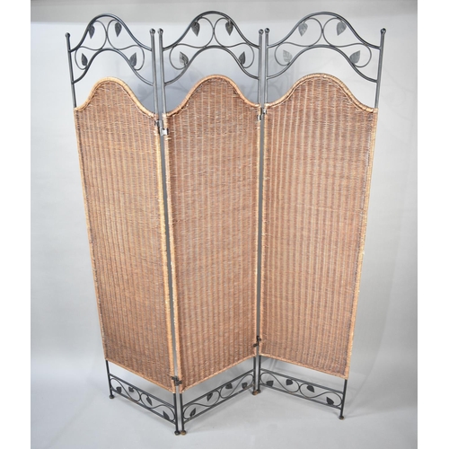 516 - A Modern Iron and Woven Wicker Three Panel Modesty Screen, Each 44cms by 182cms