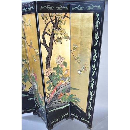 536 - A Double Sided Four Section Oriental Modesty Screen, Each Panel 40cms by 183cms