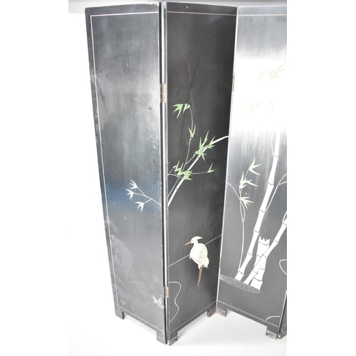 536 - A Double Sided Four Section Oriental Modesty Screen, Each Panel 40cms by 183cms