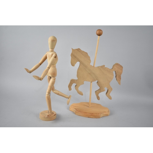 62 - A Modern Treen Artist's Lay Figure and a Fret Cut Horse Stand, 33cms High