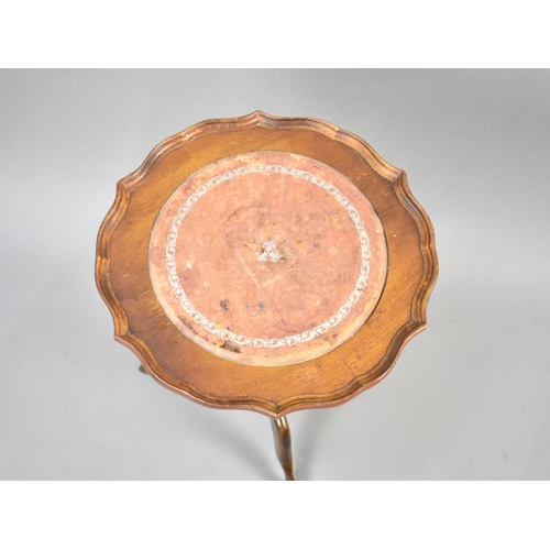 65 - A Modern Circular Tripod Wine Table with Inset Tooled Leather Panel, 36cms Diameter