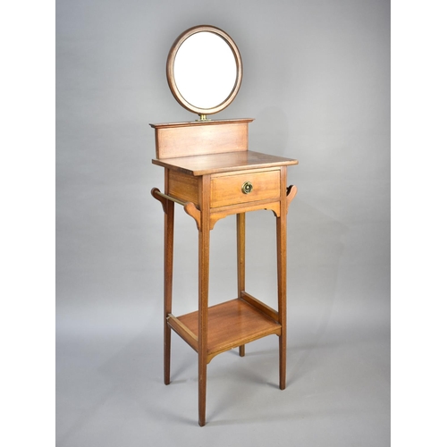 66 - An Edwardian Mahogany Gentleman's Shaving Stand with Circular Rise and Fall Mirror over Inlaid Galle... 