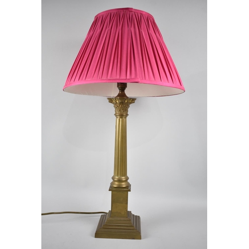 69 - A Brass Table Lamp in the From of a Reeded Corinthian Column on Stepped Square Base, Complete with S... 