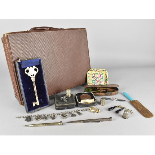 71 - A Vintage Small Leather Effect Case Containing Curios to include Propelling Pencils, Charm Bracelet,... 