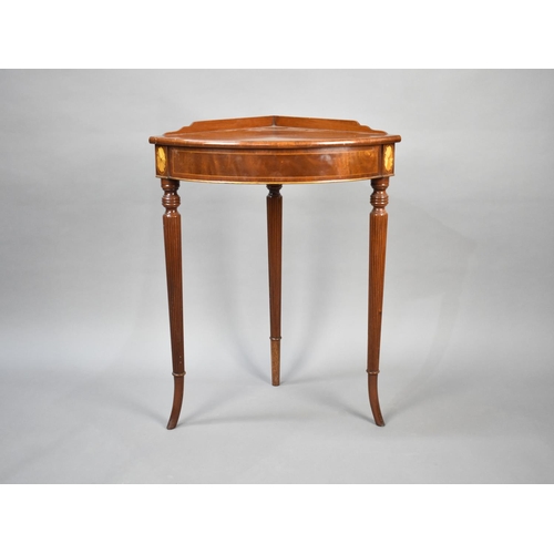 72 - A Reproduction Edwardian Mahogany Galleried Corner Bow Fronted Table with Tapering Reeded Supports, ... 