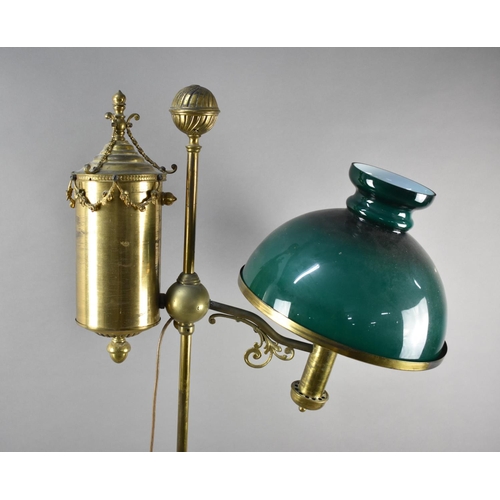 76 - A Late 19th/Early 20th Brass Century Rise and Fall Oil Lamp Stand with Opaque Green Glass Shade, Con... 