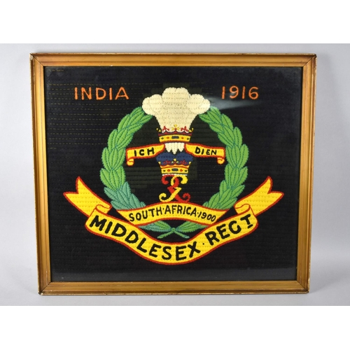 82 - A Framed Military Embroidery, Middlesex Regiment, India 1916, 50x43cms