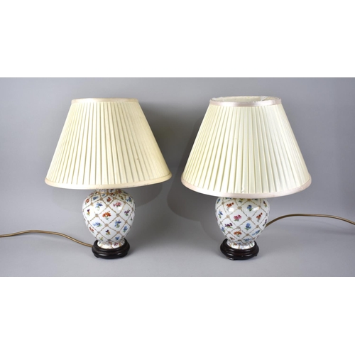 97 - A Pair of Late 20th Century Ceramic Vase Shaped Table Lamps with Shades, 39cms High Overall