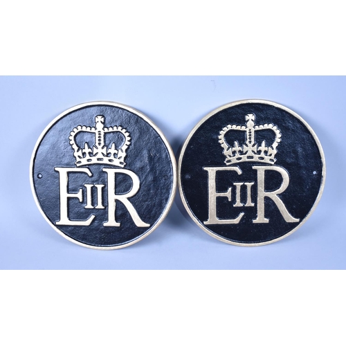 98 - A Pair of Cold Painted Circular Aluminium Queen Elizabeth Plaques, 24cms Diameter, Plus VAT