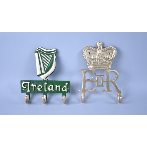 99 - Two Reproduction Wall Hanging Metal Coat Hooks, Queen Elizabeth and Ireland, 18cms Wide Plus VAT