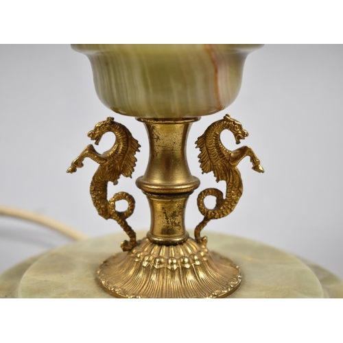 130 - A Mid 20th Century Brass and Onyx Table Lamp with Shade, Overall Height 60cm