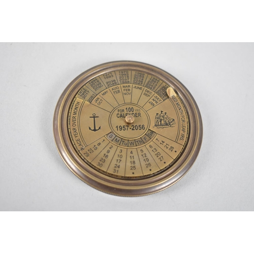 168 - A Reproduction Brass Cased Circular Compass, Screw Off Lid Having 100 Year Calendar for 1957-2056, 7... 