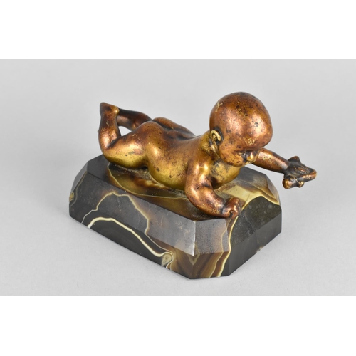 17 - A French Gilt Bronze Paperweight or Garniture in the Form of an Infant with Rag, Banded Agate Plinth... 
