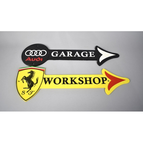 180 - Two Reproduction Cold Painted Cast Metal Signs for Ferrari Workshop and Audi Garage, 44cms Long, Plu... 