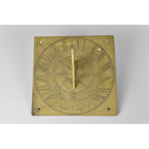 25 - A 19th Century Brass Sundial Top with Gnomon, Inscribed with Compass and 'Night Cometh', 20cs Square