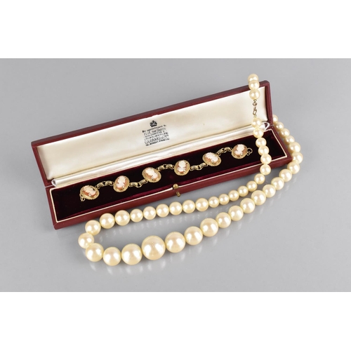 323 - A Vintage Gold Plated Panelled Cameo Bracelet and a Faux Pearl Necklace with Gold Plated Clasp in Un... 