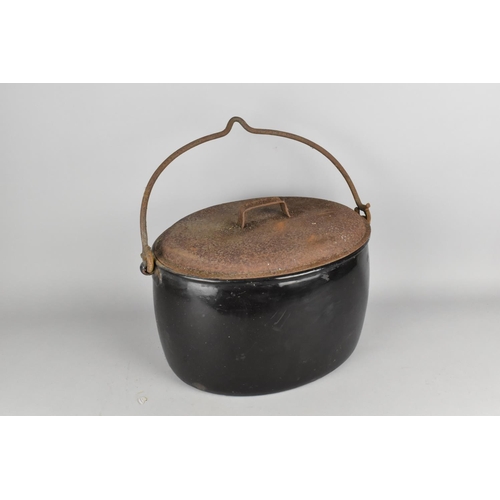 354 - A Large Vintage Enamel Cooking Pot with Iron Loop Handle, 41cm wide