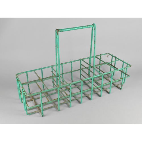 358 - A Green Painted Wire Bottle Rack with Two Four Bottle Stores Flanking Central Larger Store, with Car... 